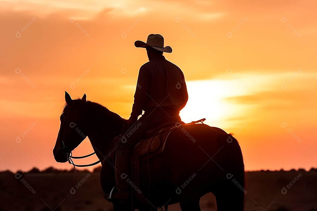 Silhueta homem montado em um cavalo em uma fazenda