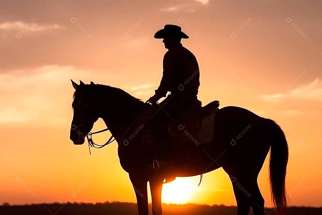 Silhueta homem montado em um cavalo em uma fazenda