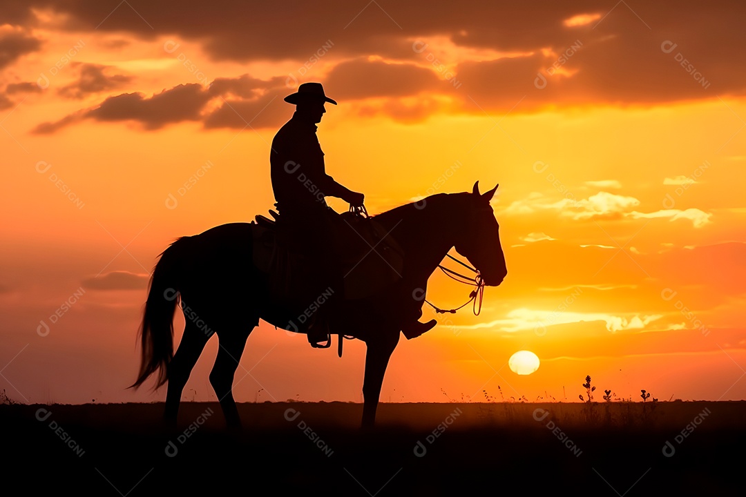 Silhueta homem montado em um cavalo em uma fazenda