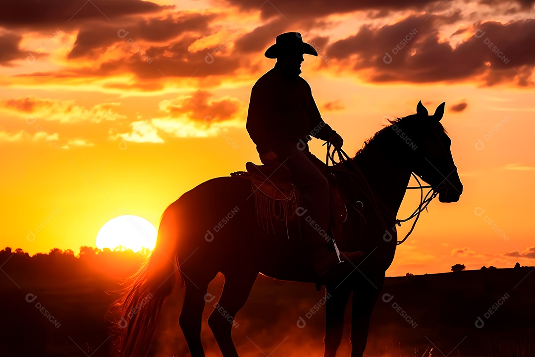 Silhueta homem montado em um cavalo em uma fazenda