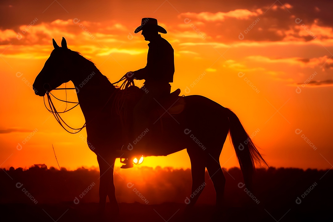 Silhueta homem montado em um cavalo em uma fazenda
