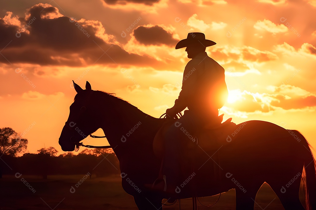 Silhueta homem montado em um cavalo em uma fazenda