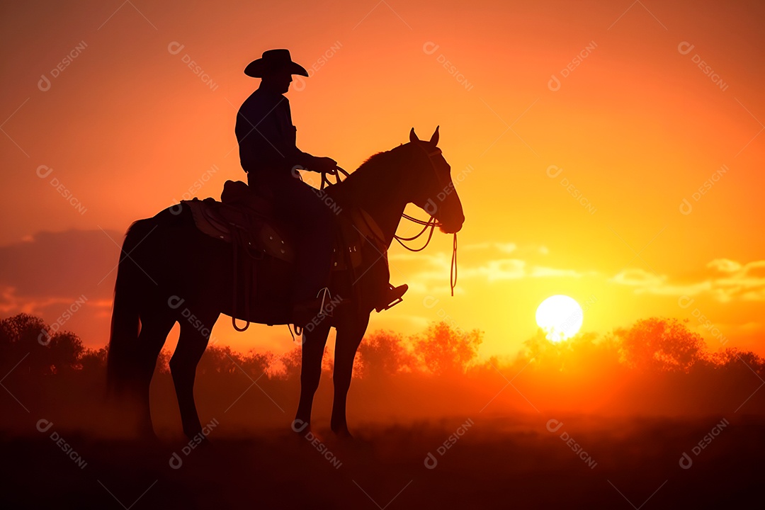 Silhueta homem montado em um cavalo em uma fazenda