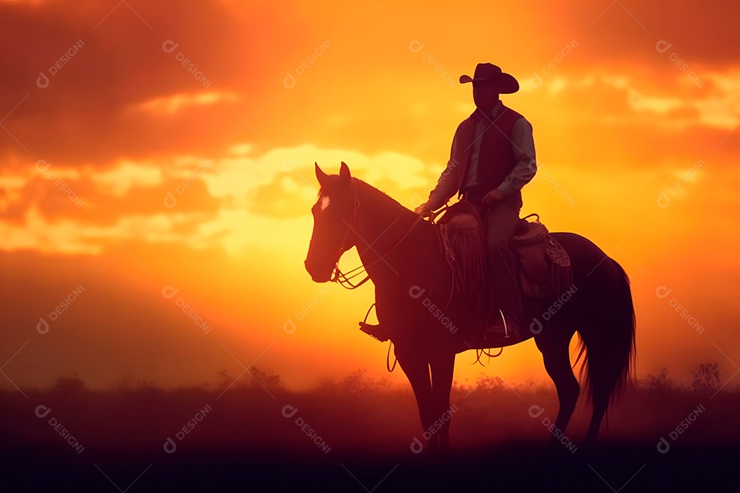 Silhueta homem montado em um cavalo em uma fazenda