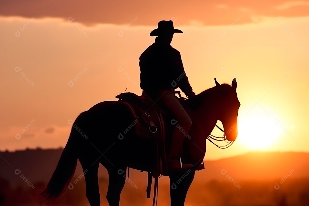 Silhueta homem montado em um cavalo em uma fazenda