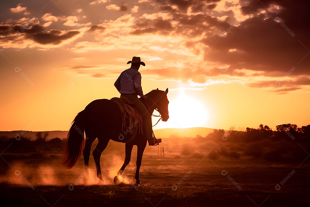 Silhueta homem montado em um cavalo em uma fazenda