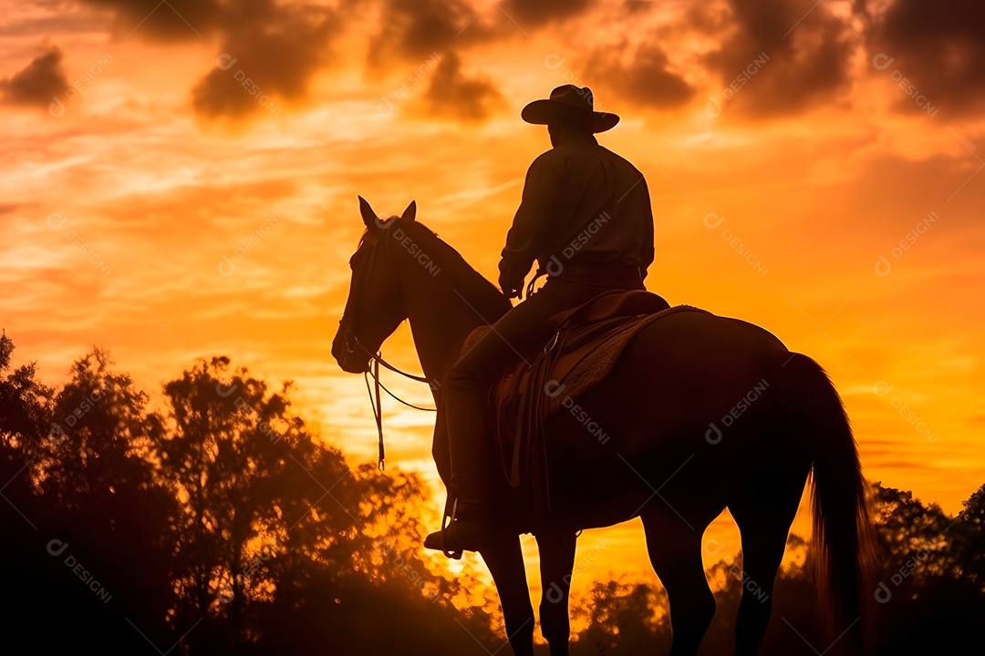 Silhueta homem montado em um cavalo em uma fazenda