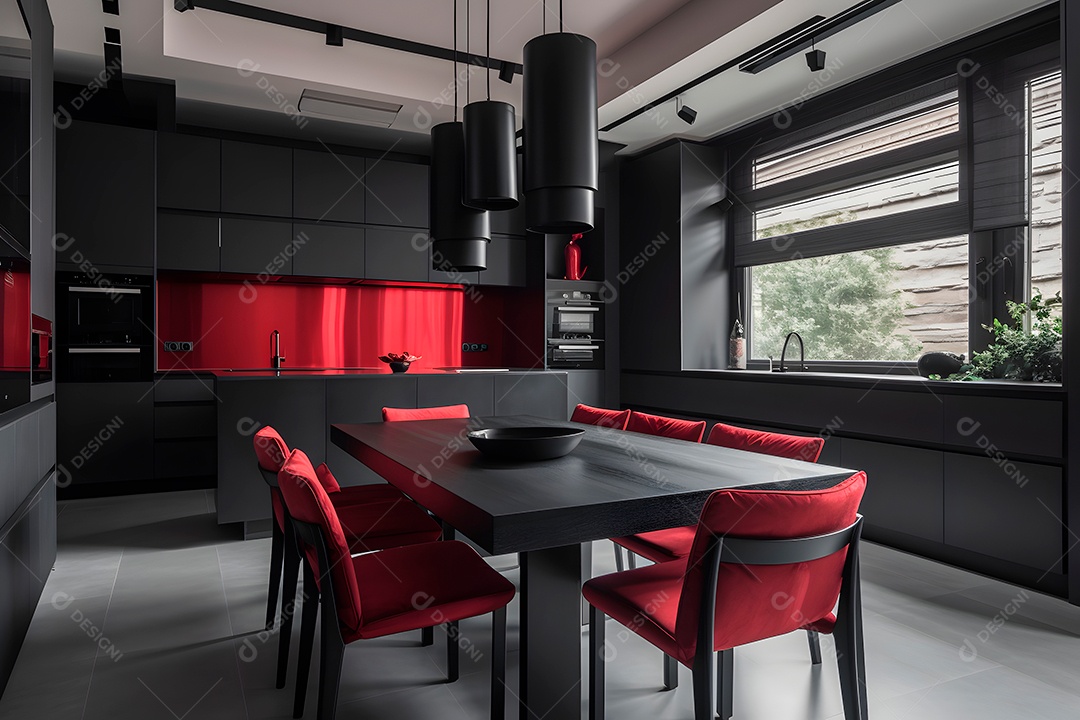 Interior de cozinha em preto e vermelho.