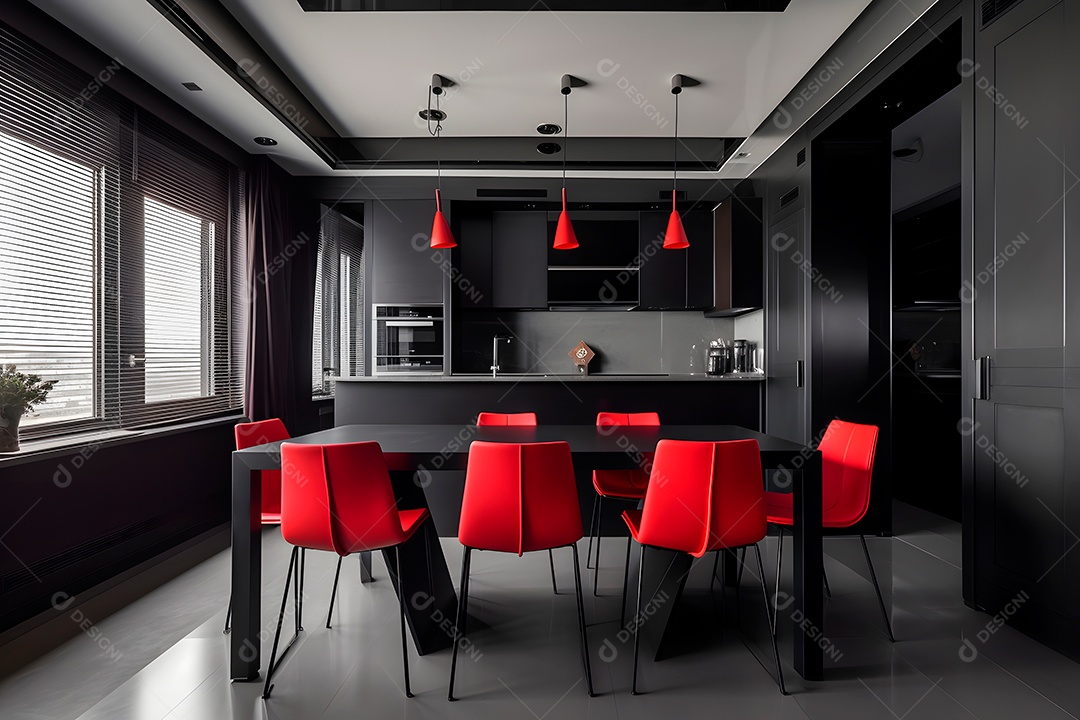 Interior de cozinha em preto e vermelho.