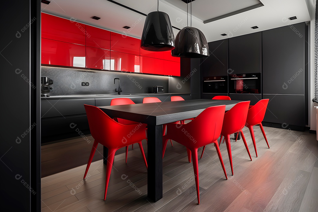 Interior de cozinha em preto e vermelho.