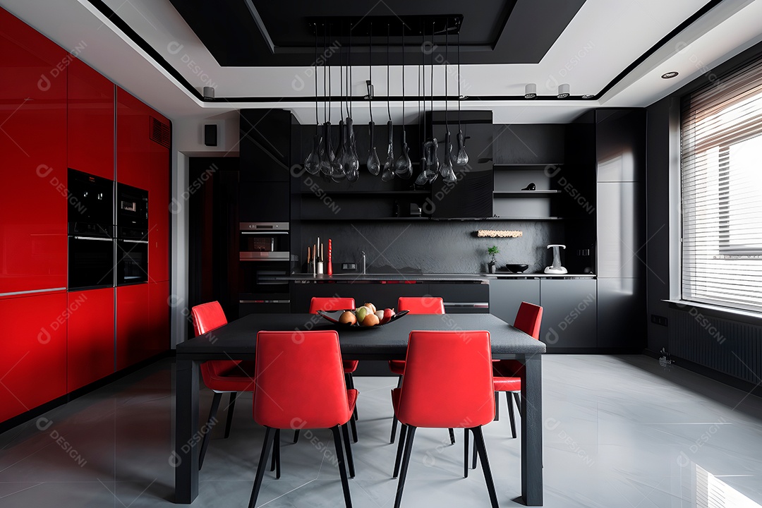Interior de cozinha em preto e vermelho.