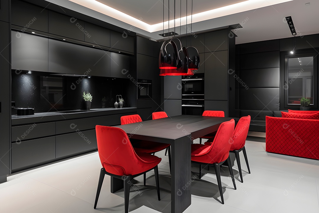 Interior de cozinha em preto e vermelho.