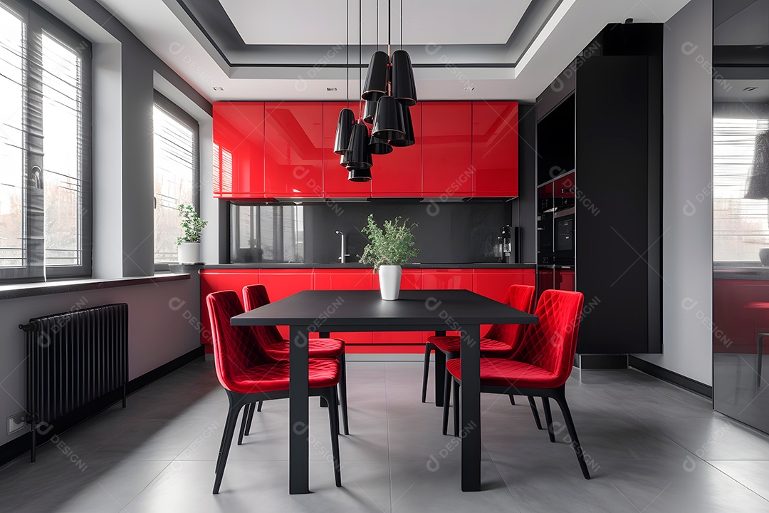 Interior de cozinha em preto e vermelho.