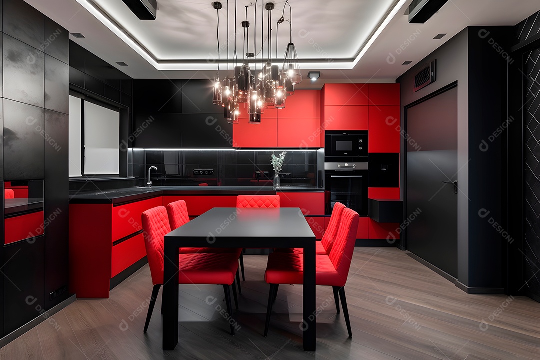 Interior de cozinha em preto e vermelho.