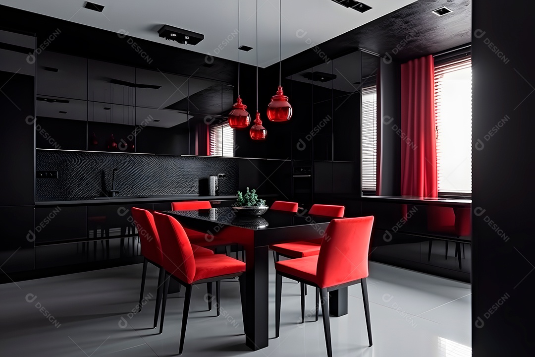 Interior de cozinha em preto e vermelho.