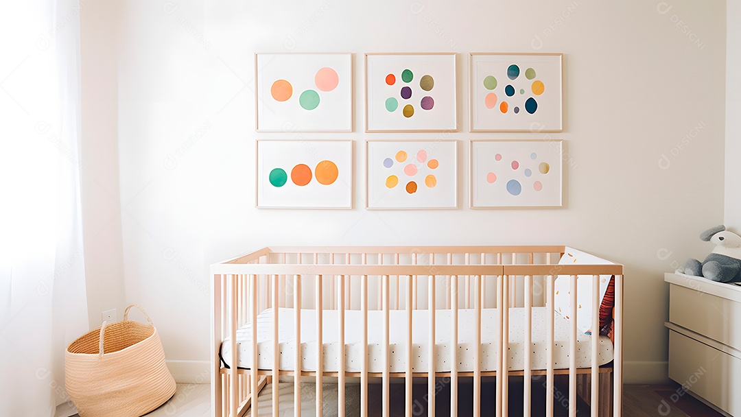 Parede minimalista brilhante para quarto de bebê com molduras acima do berço