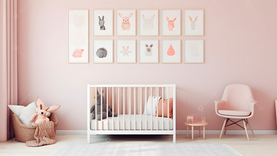 Parede minimalista brilhante para quarto de bebê com molduras acima do berço
