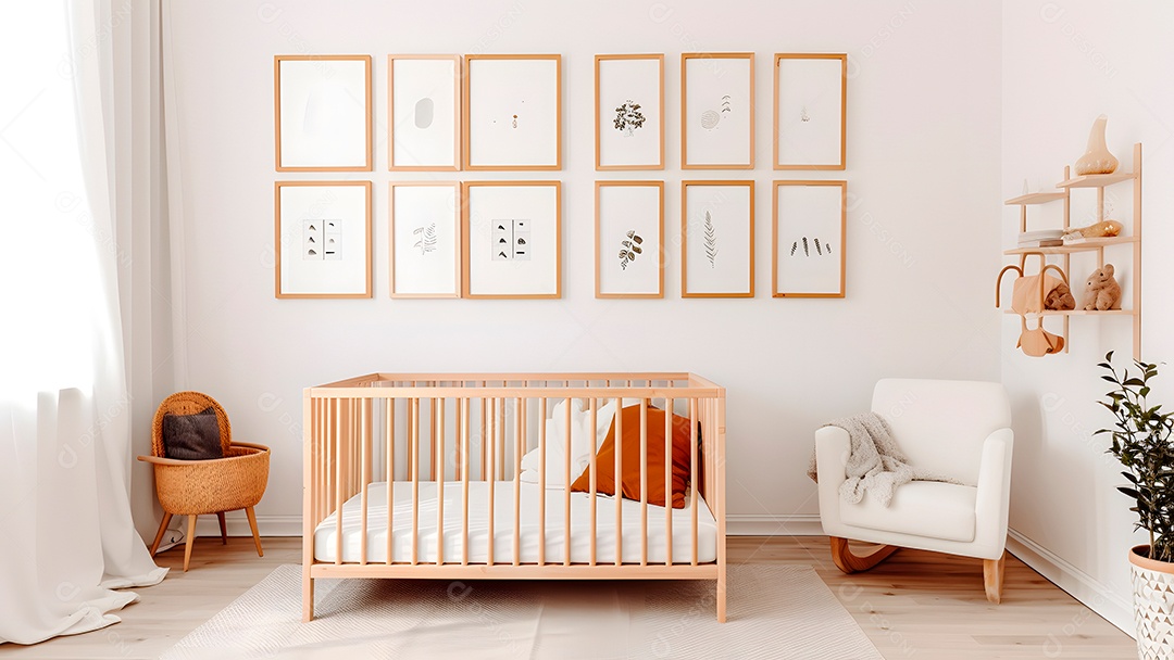 Parede minimalista brilhante para quarto de bebê com molduras acima do berço