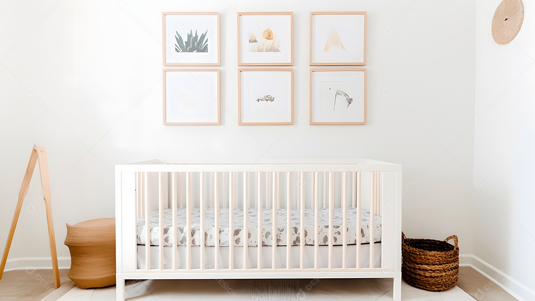 Parede minimalista brilhante para quarto de bebê com molduras acima do berço