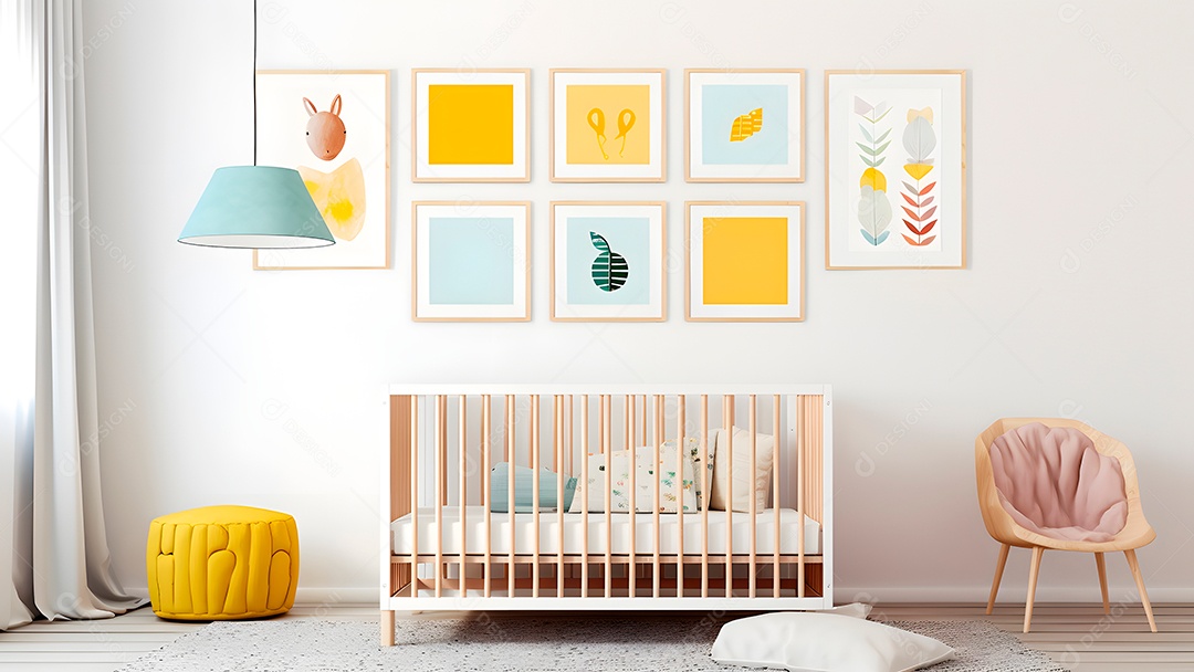 Parede minimalista brilhante para quarto de bebê com molduras acima do berço