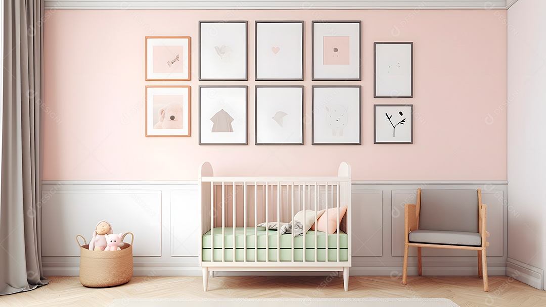 Parede minimalista brilhante para quarto de bebê com molduras acima do berço