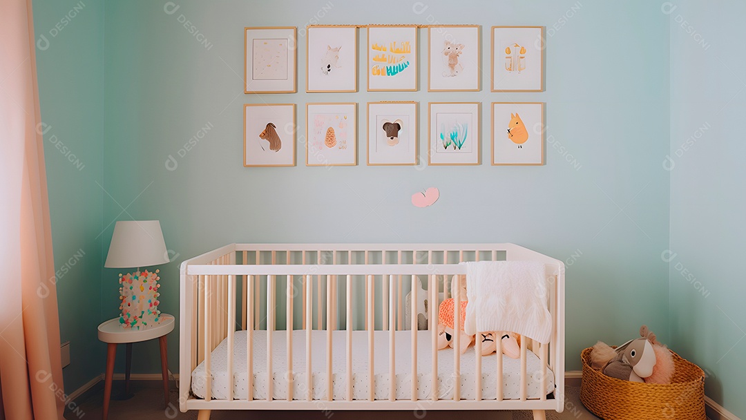 Parede minimalista brilhante para quarto de bebê com molduras acima do berço