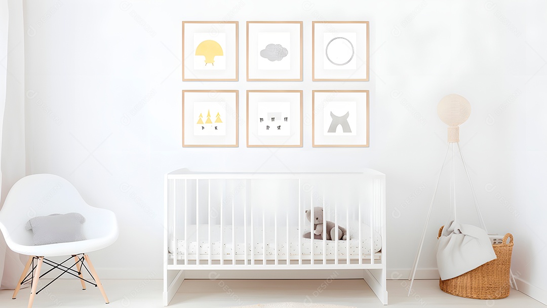 Parede minimalista brilhante para quarto de bebê com molduras acima do berço