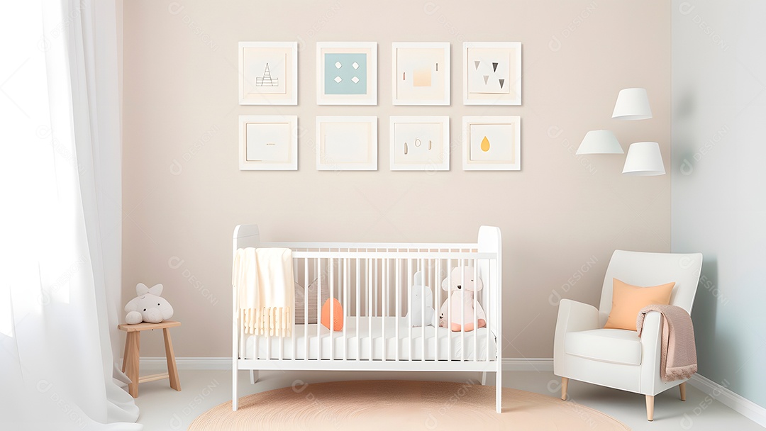 Parede minimalista brilhante para quarto de bebê com molduras acima do berço