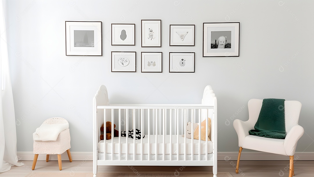 Parede minimalista brilhante para quarto de bebê com molduras acima do berço