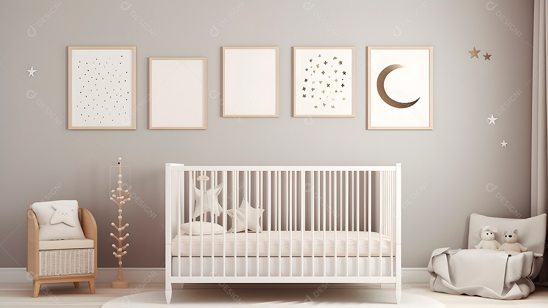 Parede minimalista brilhante para quarto de bebê com molduras acima do berço