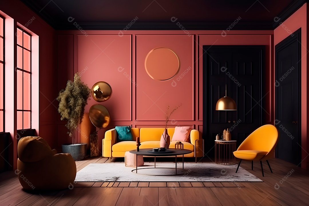 Pequena sala de estar com parede de vidro, moldura na parede