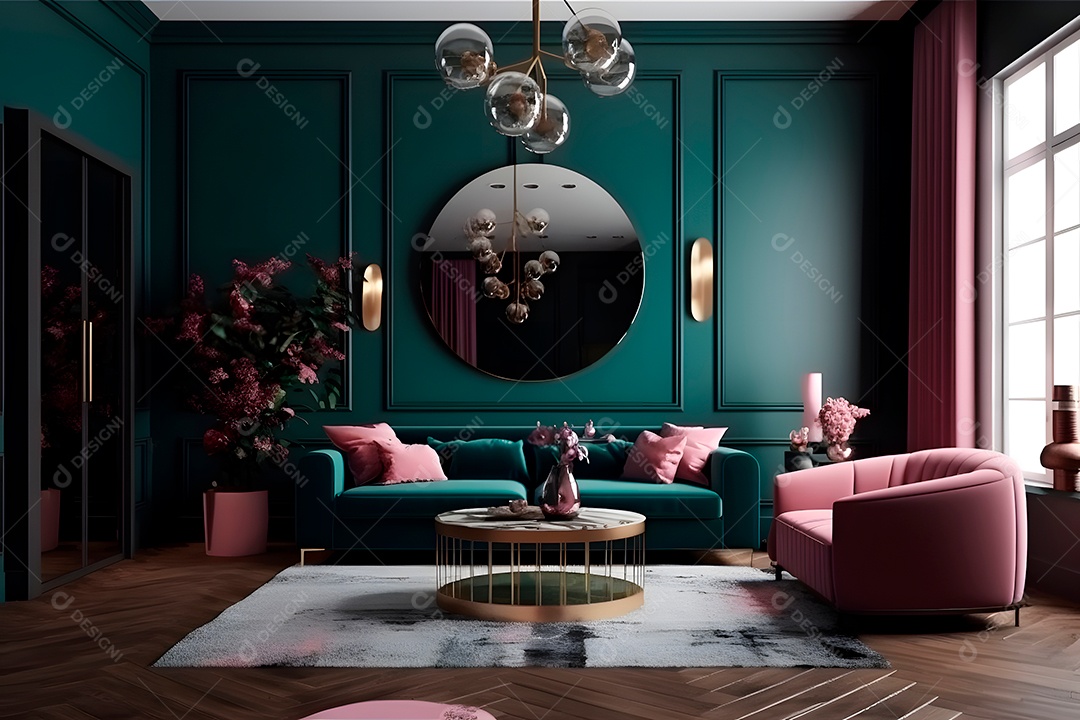 Pequena sala de estar com parede de vidro, moldura na parede azul-petróleo