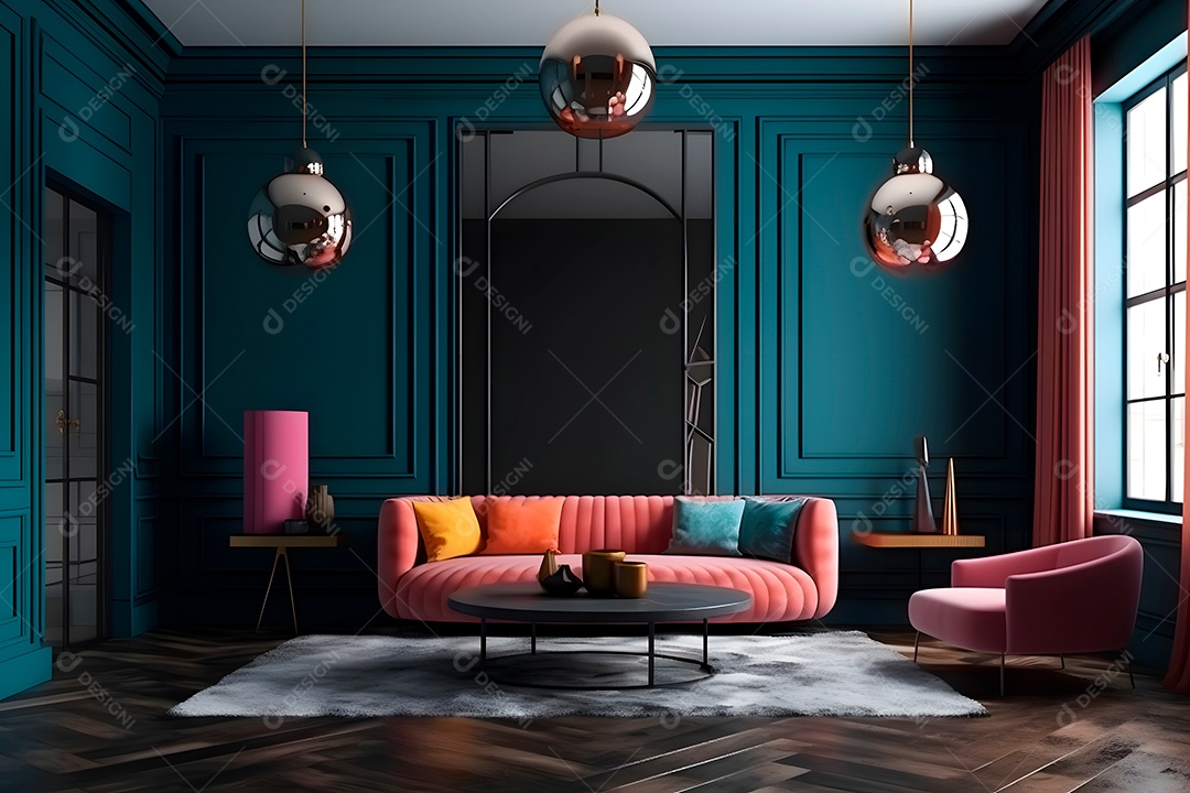 Pequena sala de estar com parede de vidro, moldura na parede azul-petróleo