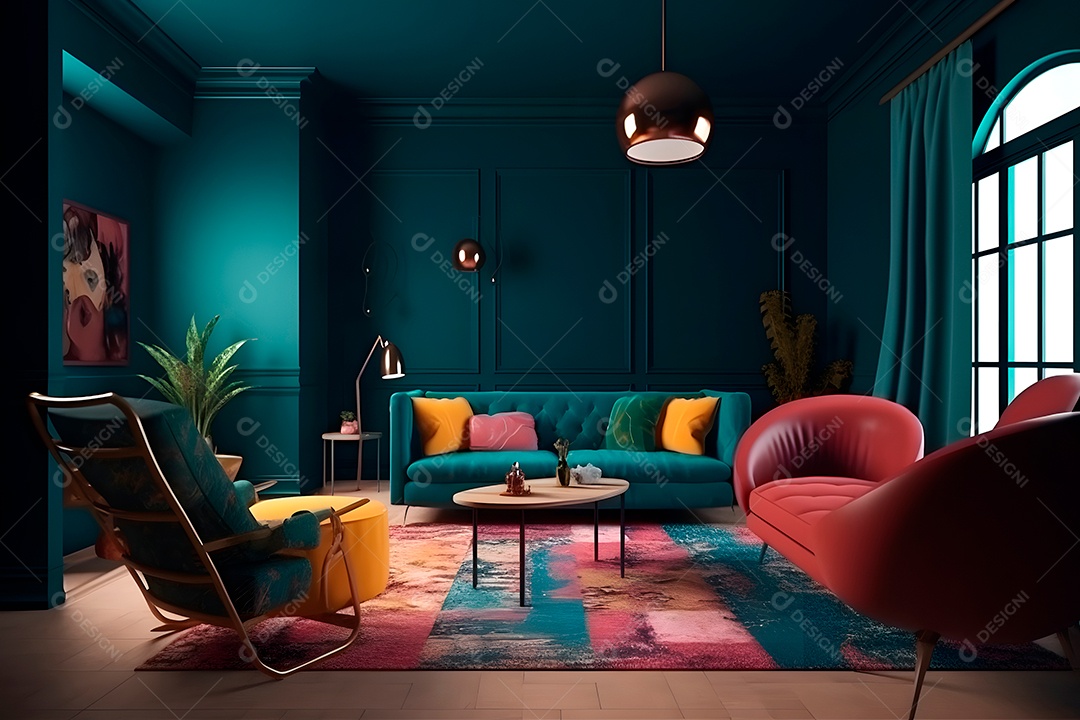 Pequena sala de estar com parede de vidro, moldura na parede azul-petróleo