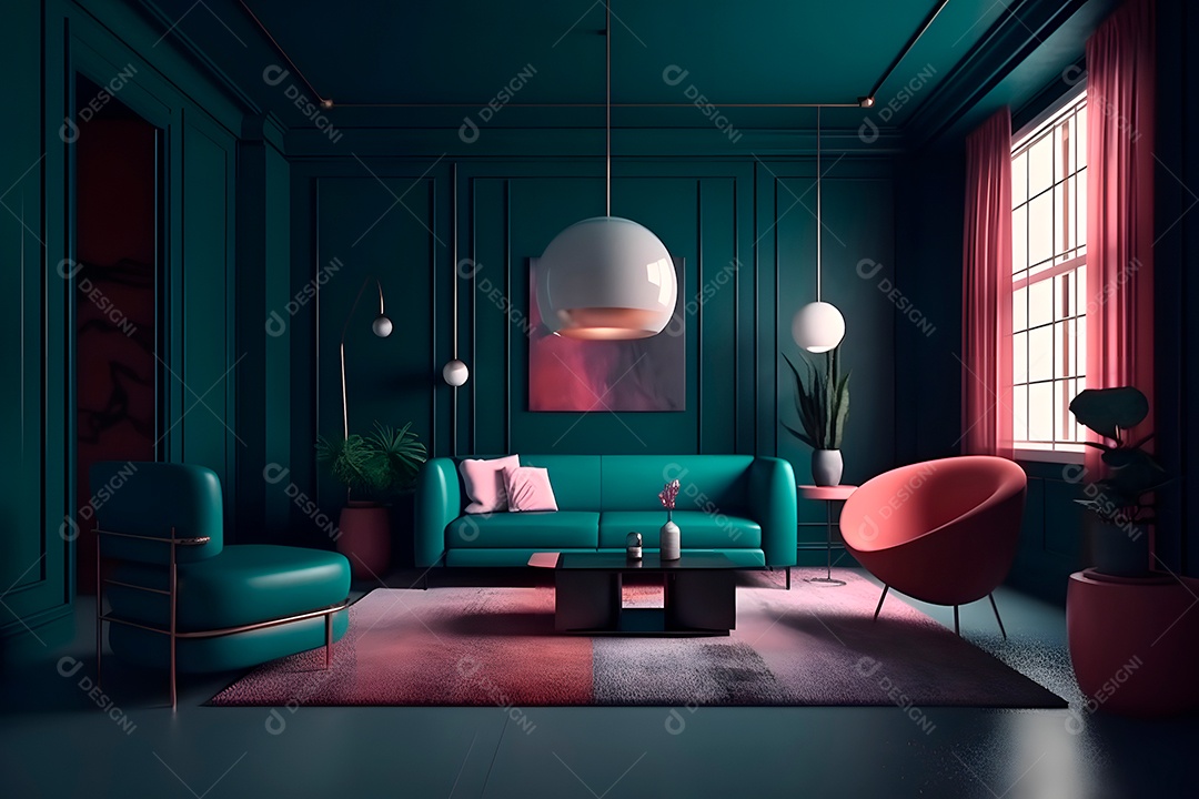 Pequena sala de estar com parede de vidro, moldura na parede azul-petróleo