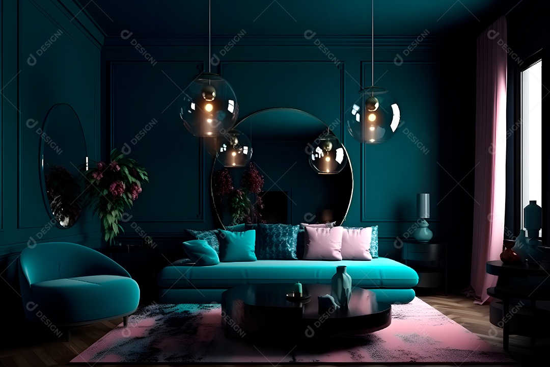 Pequena sala de estar com parede de vidro, moldura na parede azul-petróleo