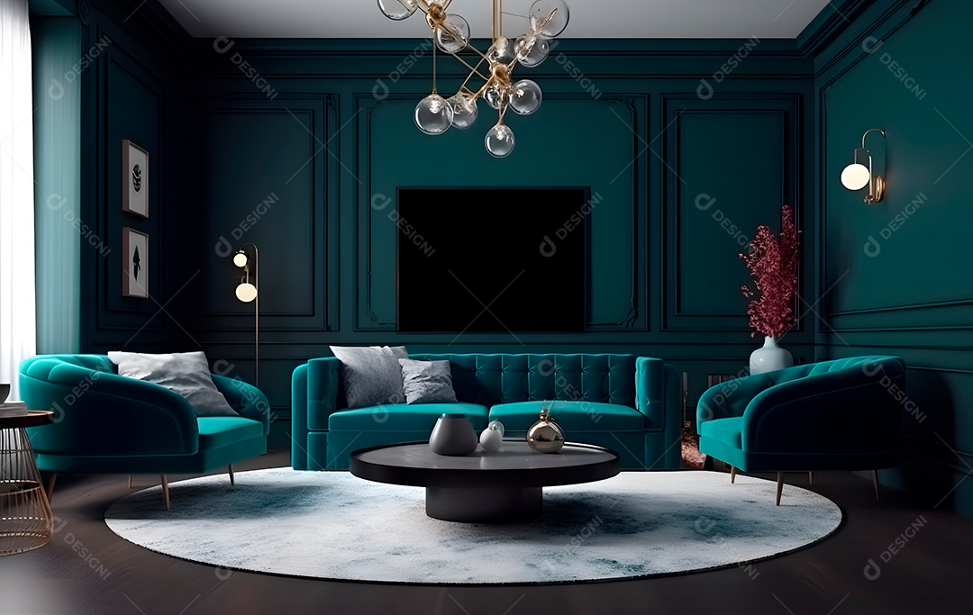 Pequena sala de estar com parede de vidro, moldura na parede azul-petróleo