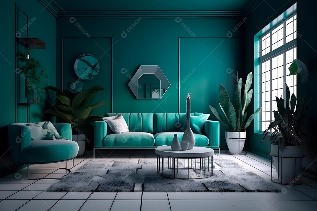 Pequena sala de estar com parede de vidro, moldura na parede azul-petróleo