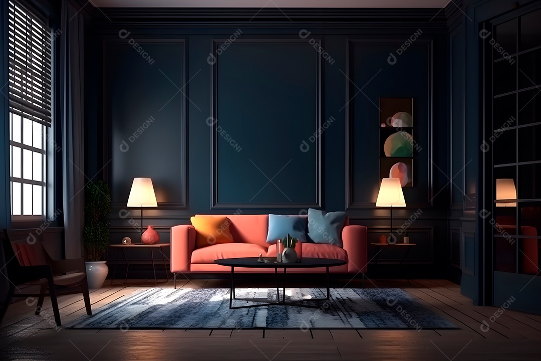 Pequena sala de estar com parede de vidro, moldura na parede azul-petróleo