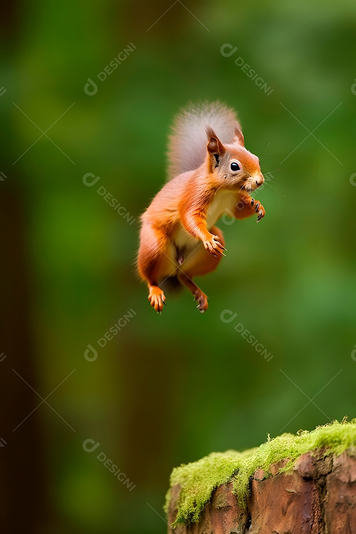 Esquilo pulando sobre fundo floresta