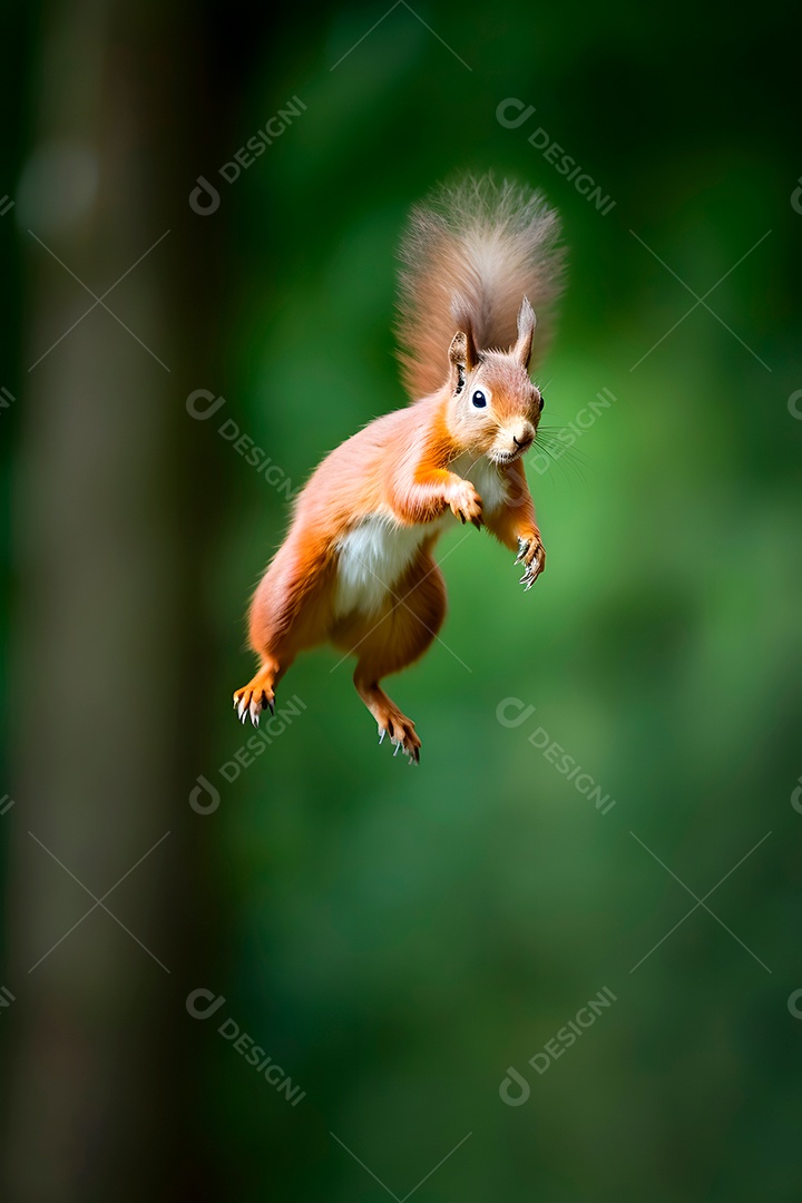 Esquilo pulando sobre fundo floresta