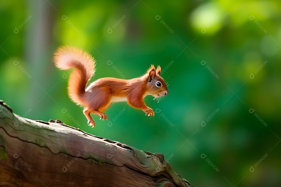 Esquilo pulando sobre fundo floresta