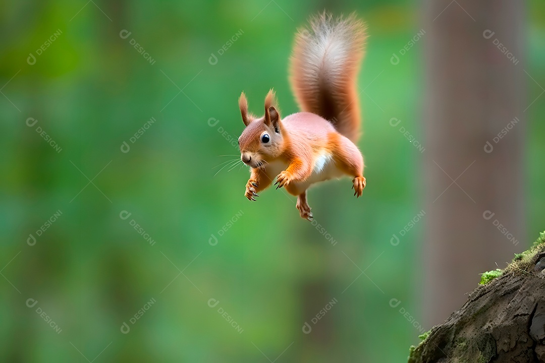 Esquilo pulando sobre fundo floresta