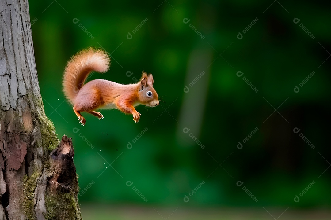 Esquilo pulando sobre fundo floresta