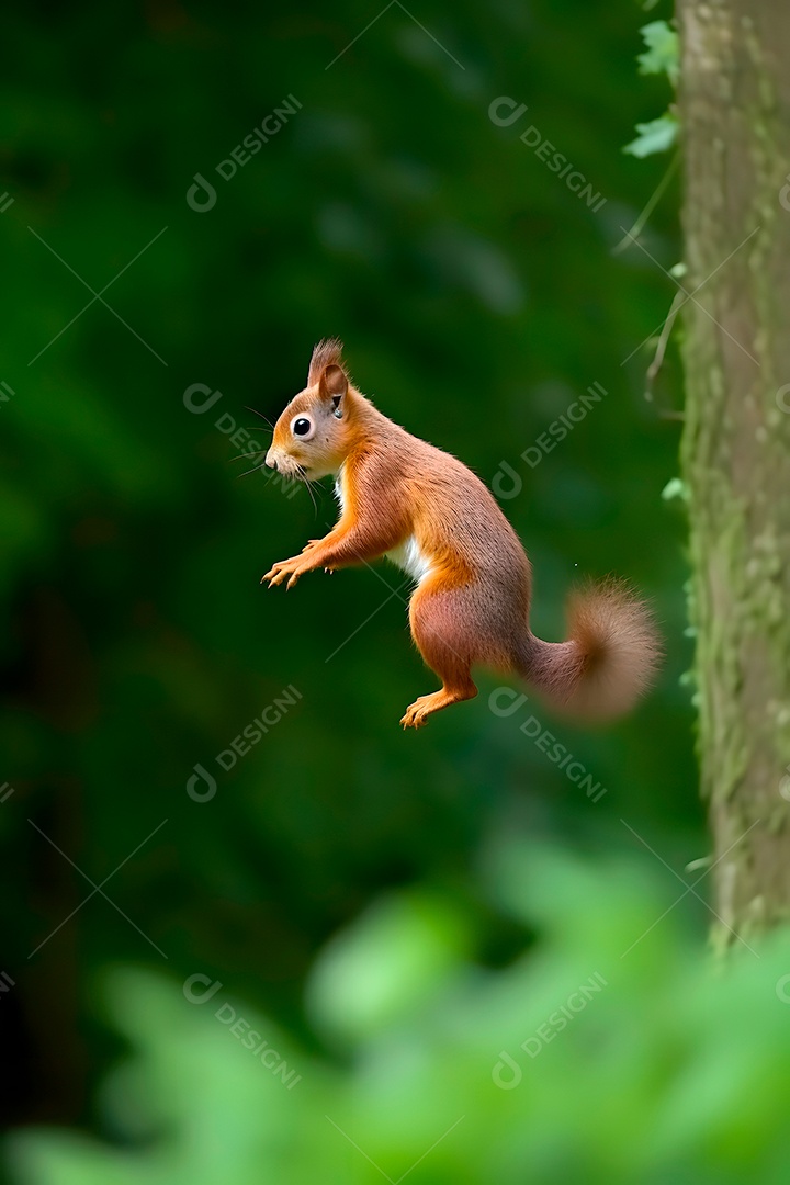 Esquilo pulando sobre fundo floresta