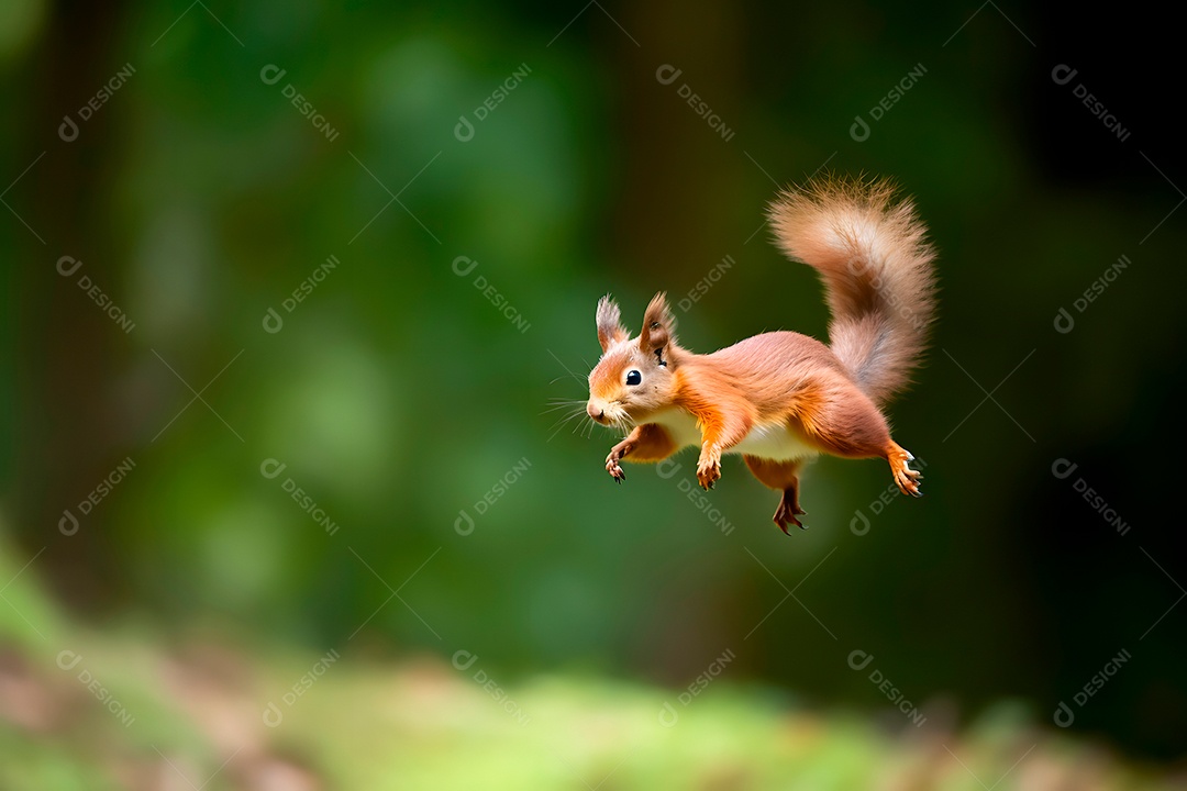 Esquilo pulando sobre fundo floresta
