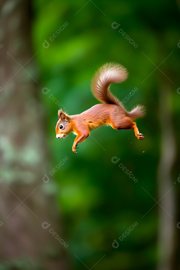 Esquilo pulando sobre fundo floresta