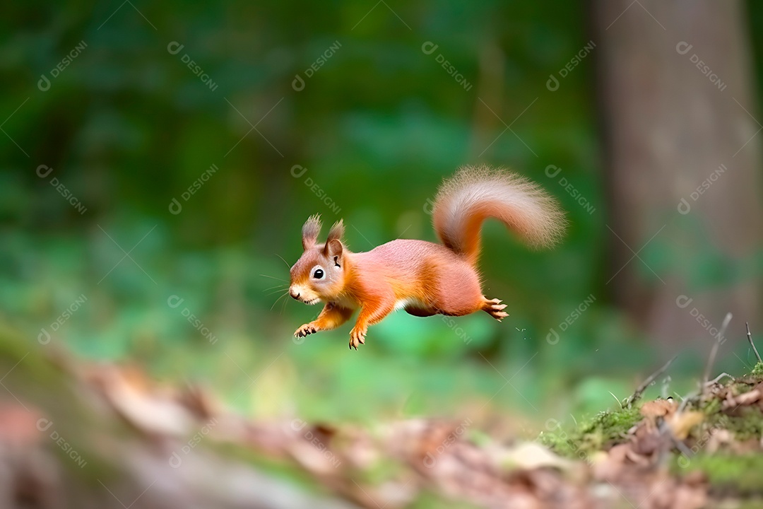 Esquilo pulando sobre fundo floresta