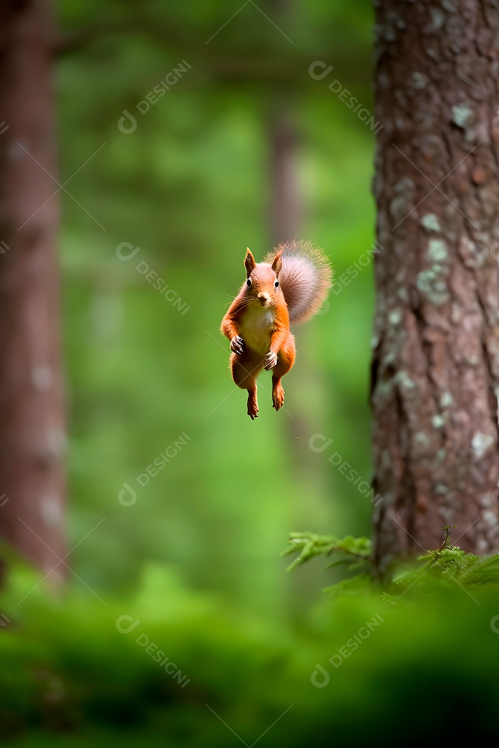 Esquilo pulando sobre fundo floresta