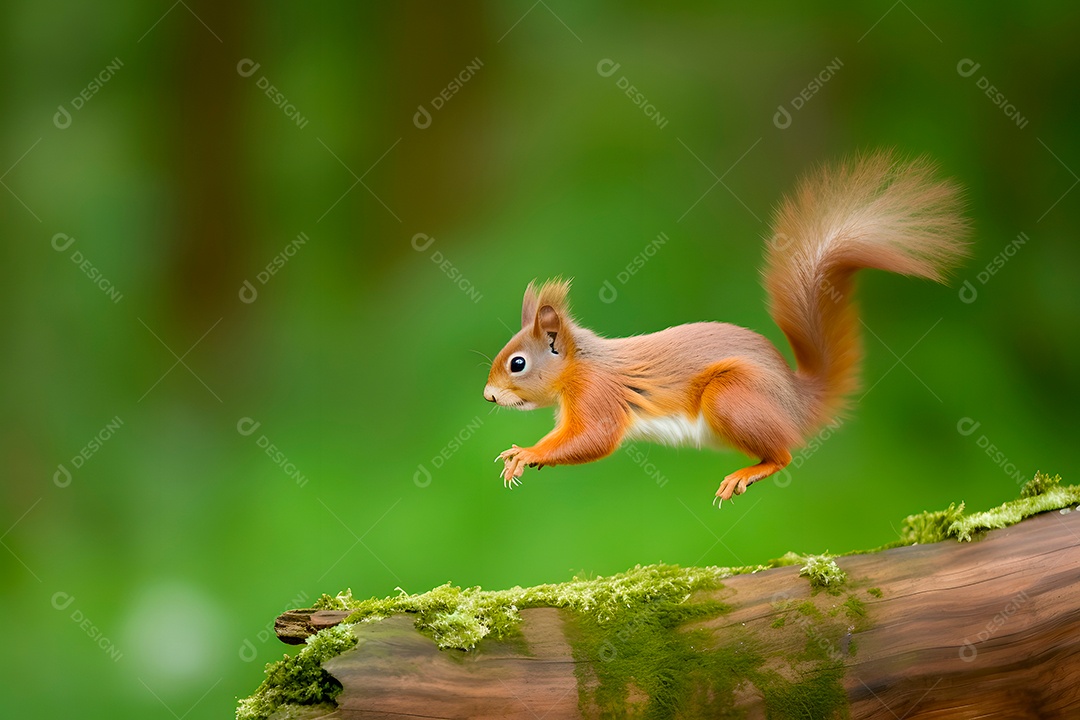 Esquilo pulando sobre fundo floresta
